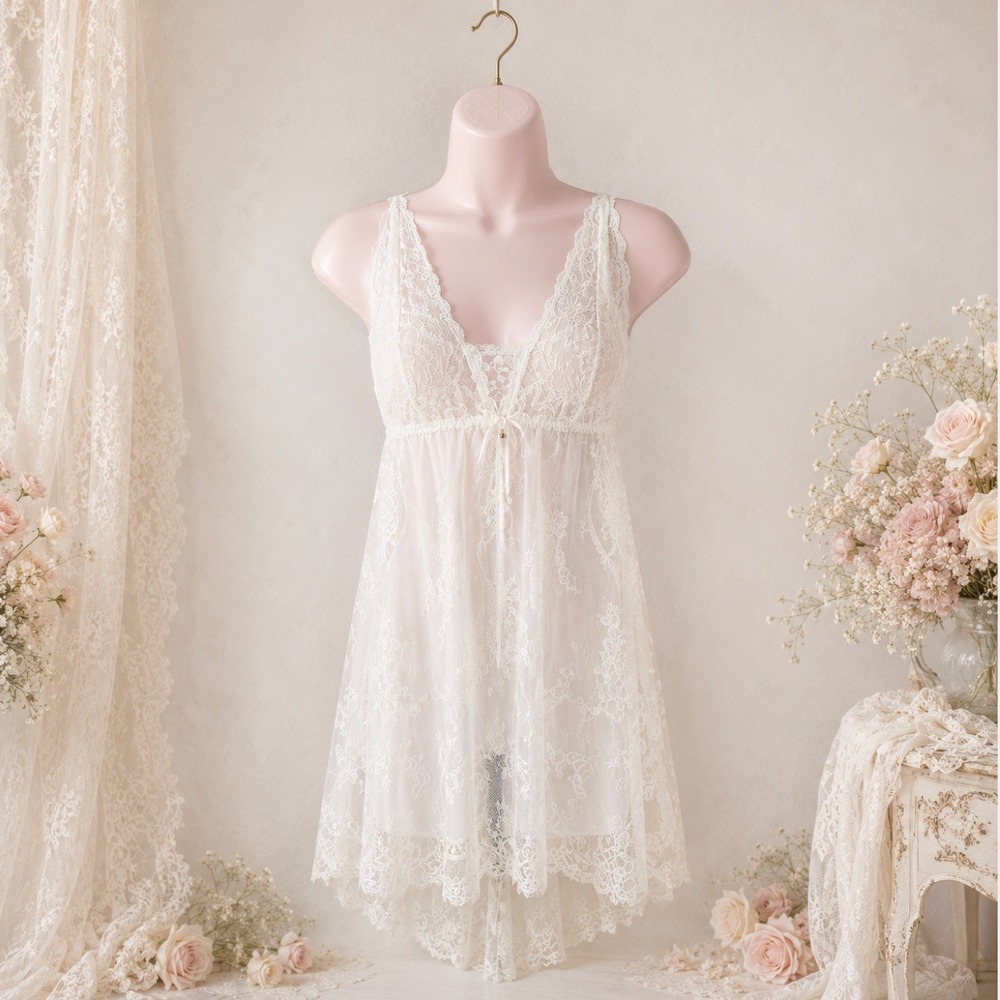 Vintage Y2K‎ Hanky Panky White Lace Babydoll Chemise Bridal Sheer Coquette Small